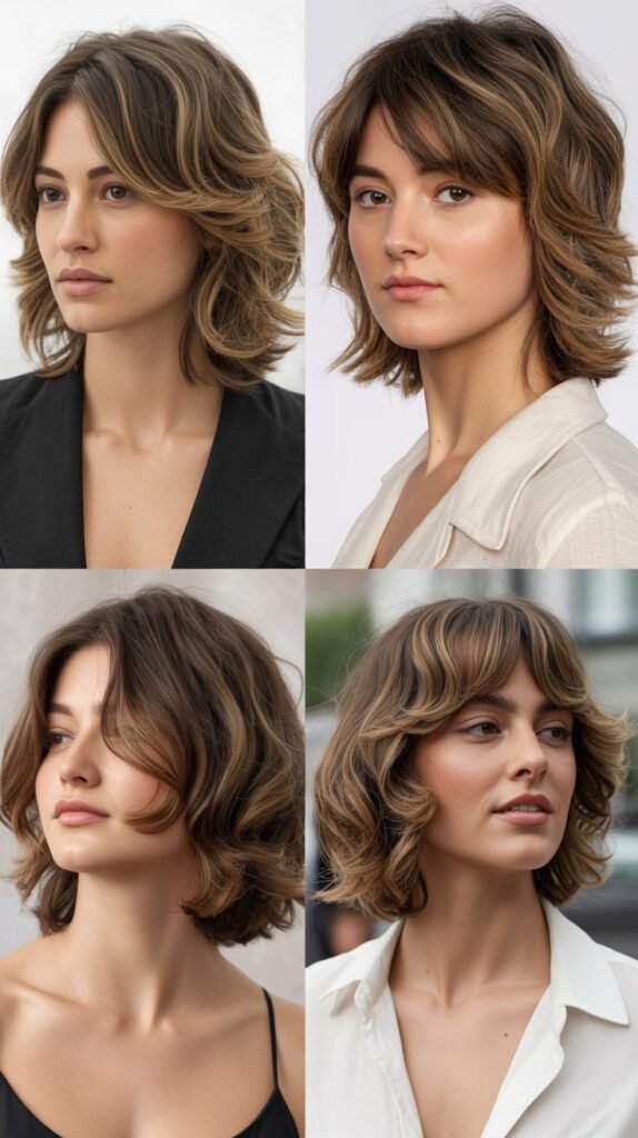 Modern Shaggy Lob With Side Part And Feathered Bangs