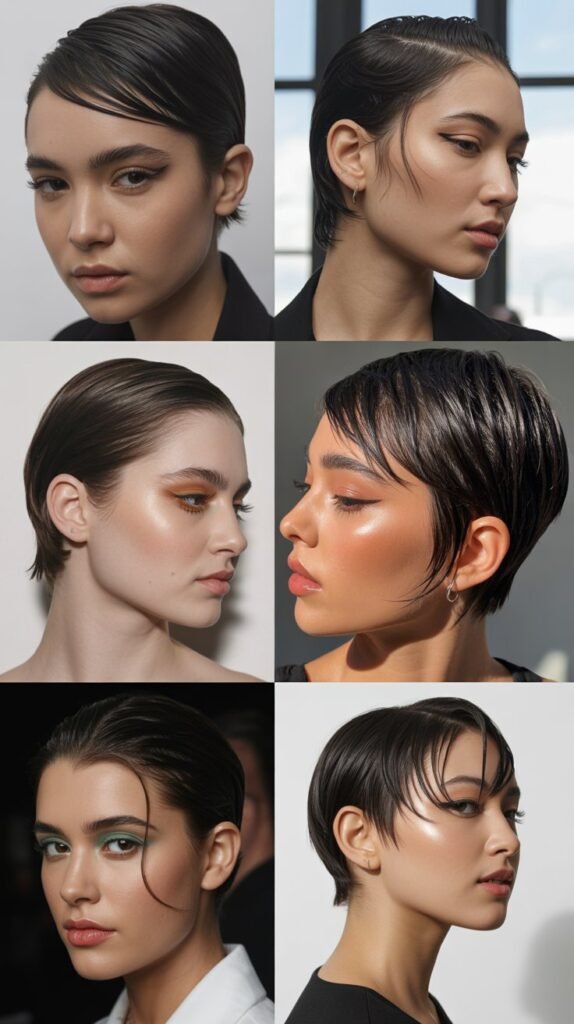 32. Slicked-Back Wet-Look Pixie