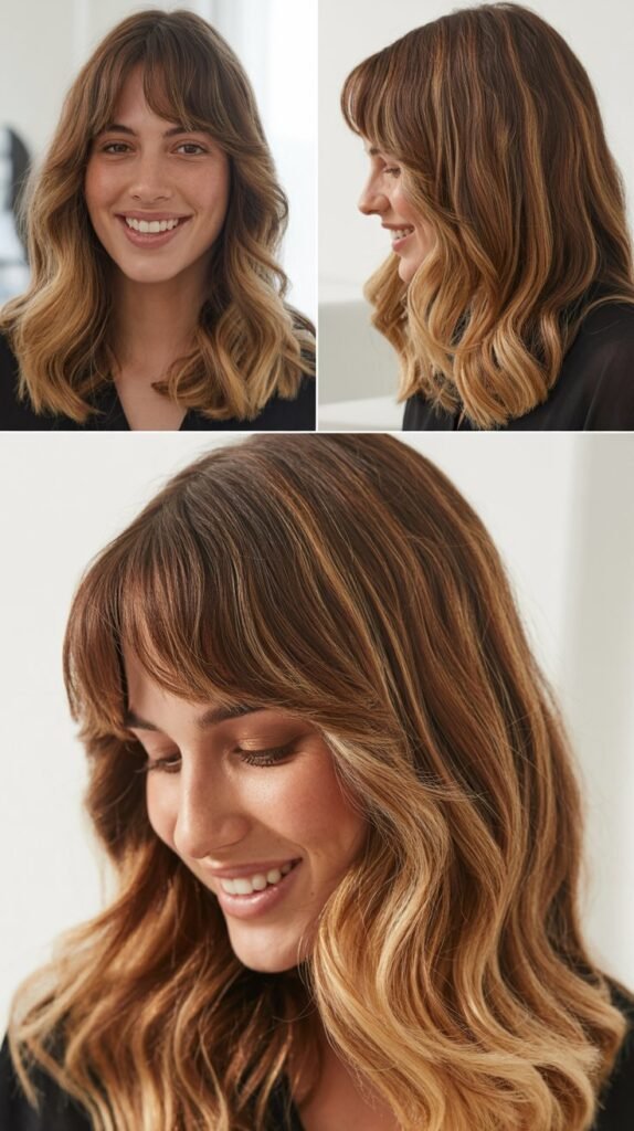 Curtain Bangs with Brunette to Blonde Balayage