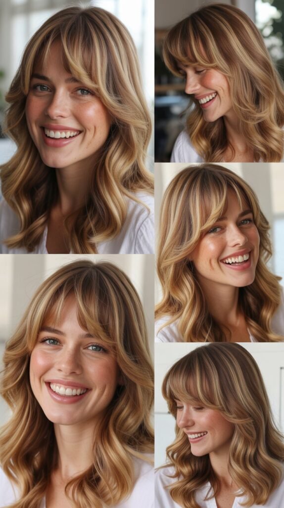 Side-Swept Bangs with Honey Blonde Highlights