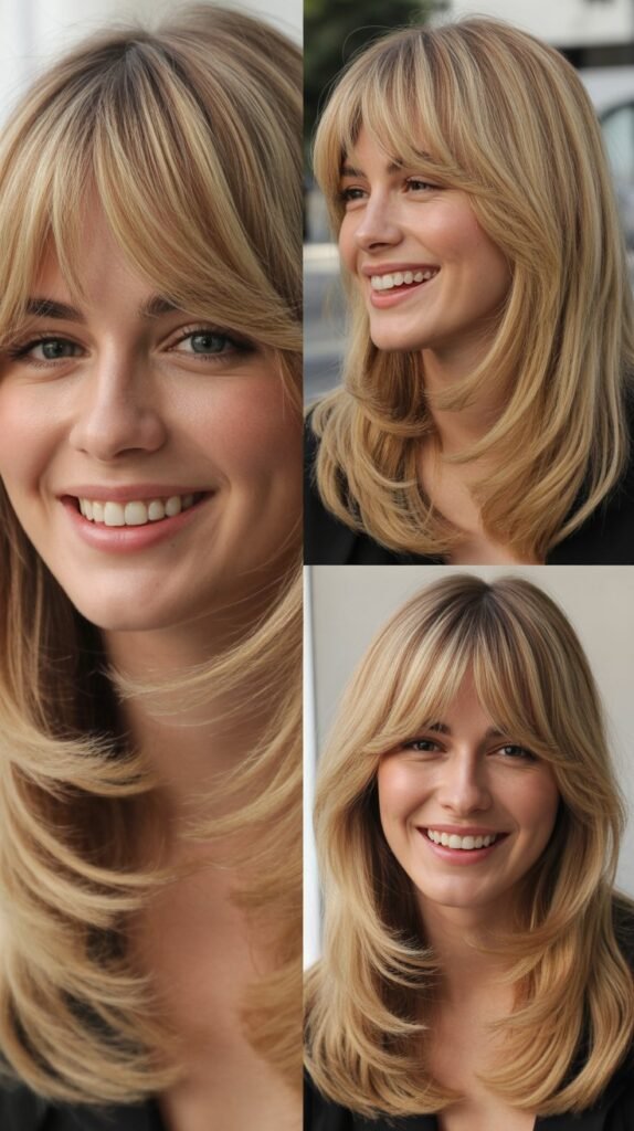 Wheat Blonde Layers with Long Bangs