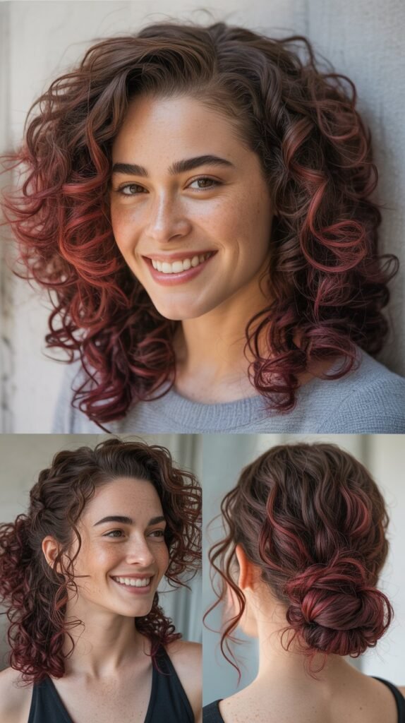 Cherry Cola Highlights on Curly Brown Hair