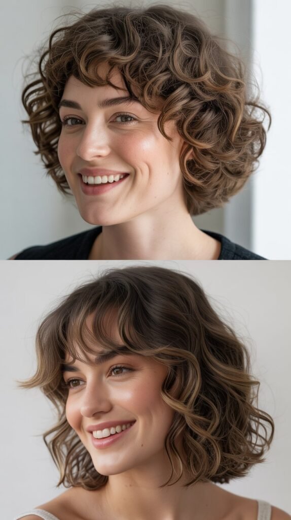 Curly French Bob with Textured Fringe