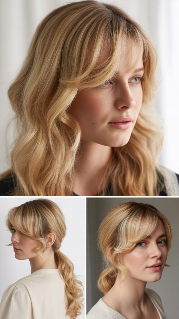  Biscotti Blonde with Long Sweeping Side Bangs