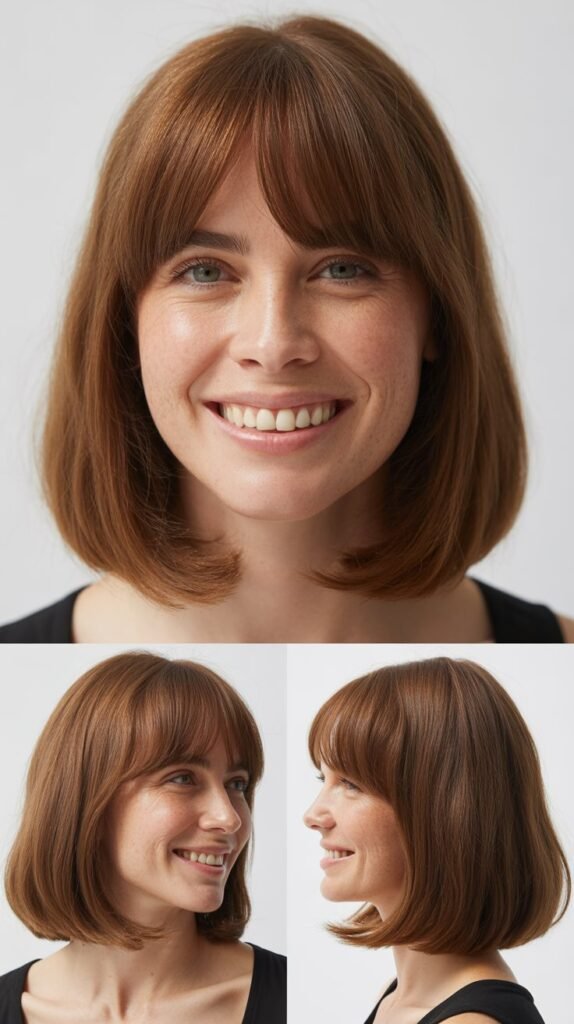 Long Bob with Curtain Bangs for Oval Faces