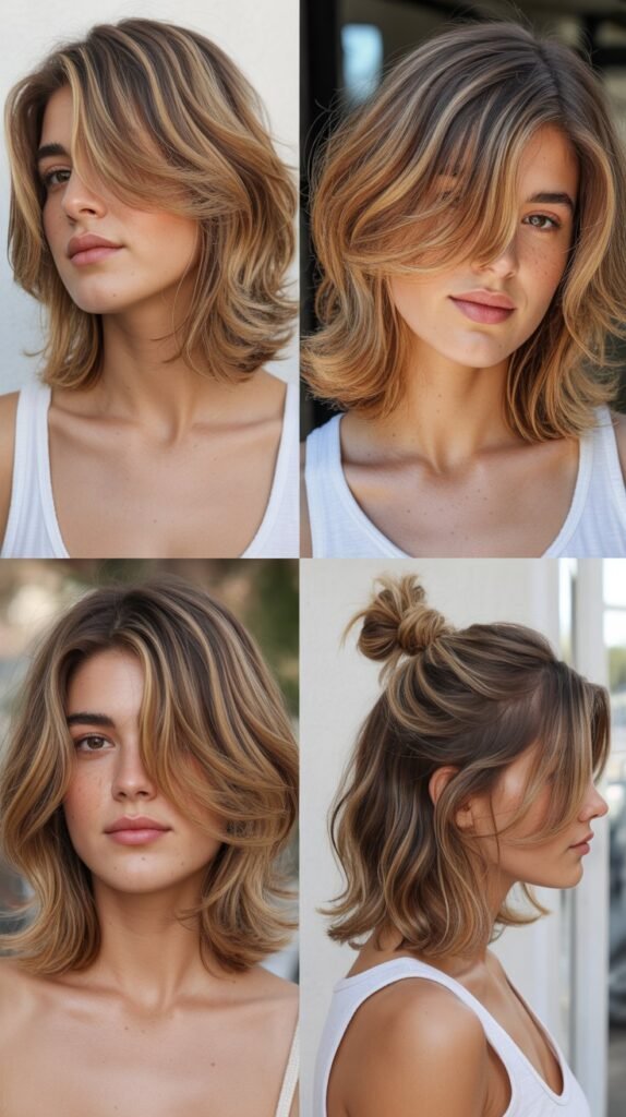 Shaggy Lob With Honey Blonde Highlights