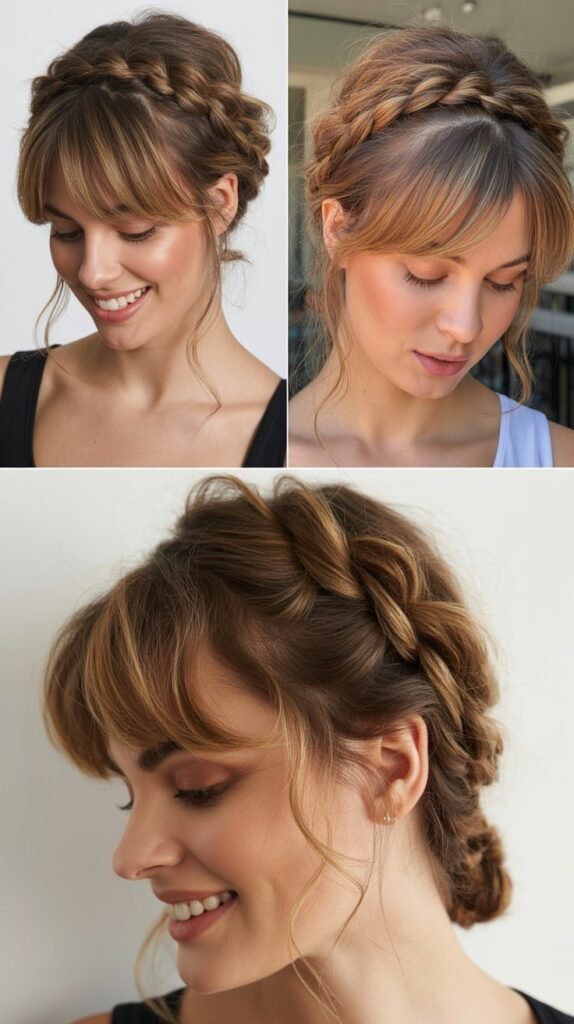 Twisted Halo Updo with Wispy Bangs