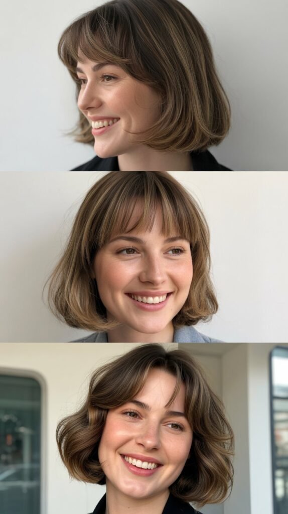 Soft Curved Bangs with Blunt Medium Cut