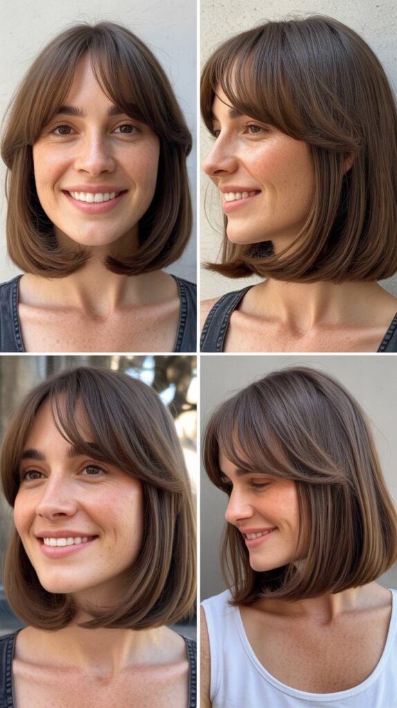 Long Bob with Curtain Bangs for Heart-Shaped Faces
