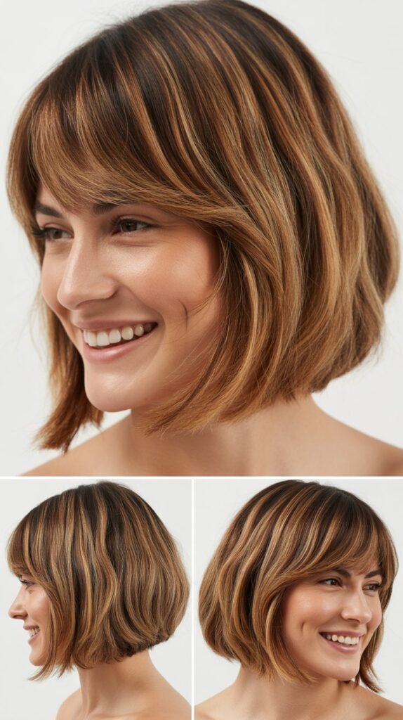 Bob with Long Bangs and Lowlights for Depth