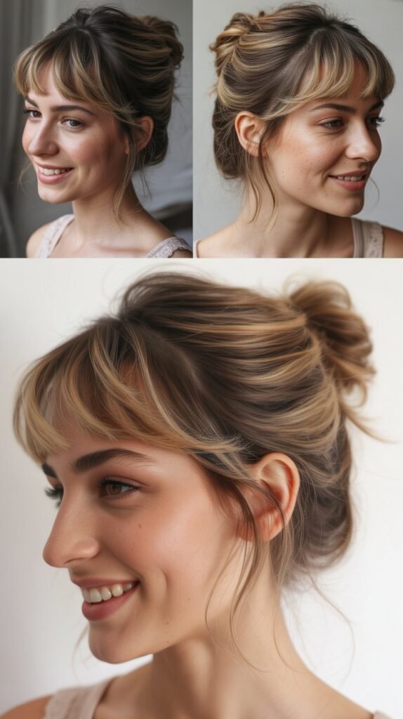 Messy Low Bun with Middle-Part Bangs