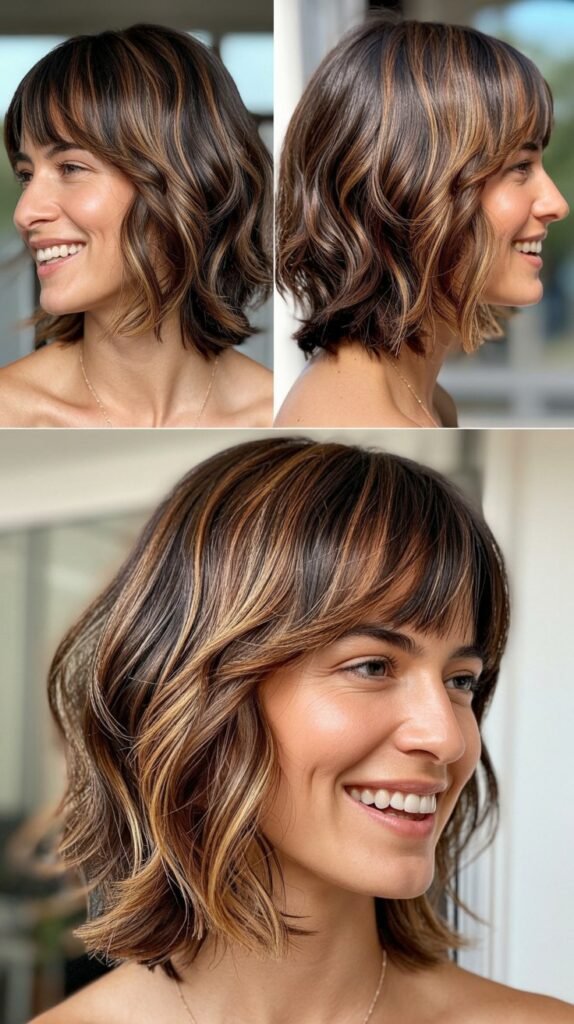 Choppy Bangs with Brunette Balayage on Textured Medium Cut