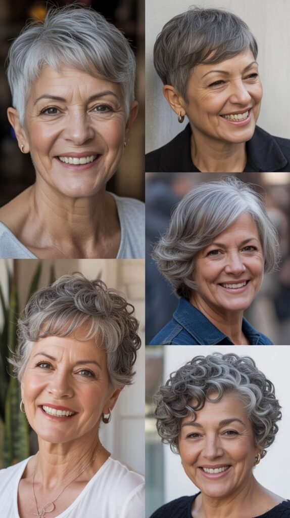a smiling woman with'' Textured Crop with Undercut ''different natural hairstyles 4 image collage   for Women Over 60 