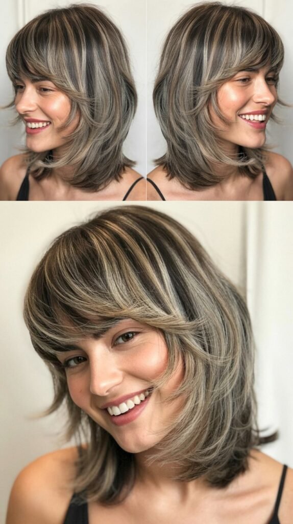 Textured Bangs with Silver Balayage on Medium Hair