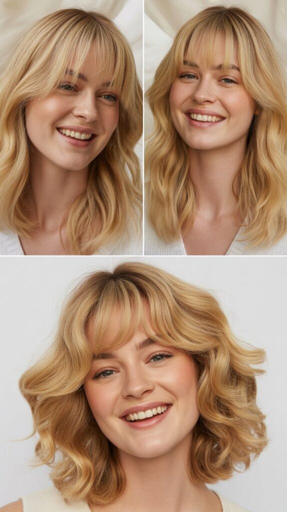 Sandy Blonde Mid-Length with Curtain Fringe