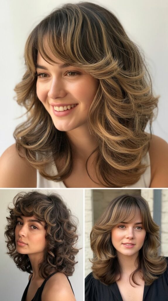  Layered Waves with Parted Bangs