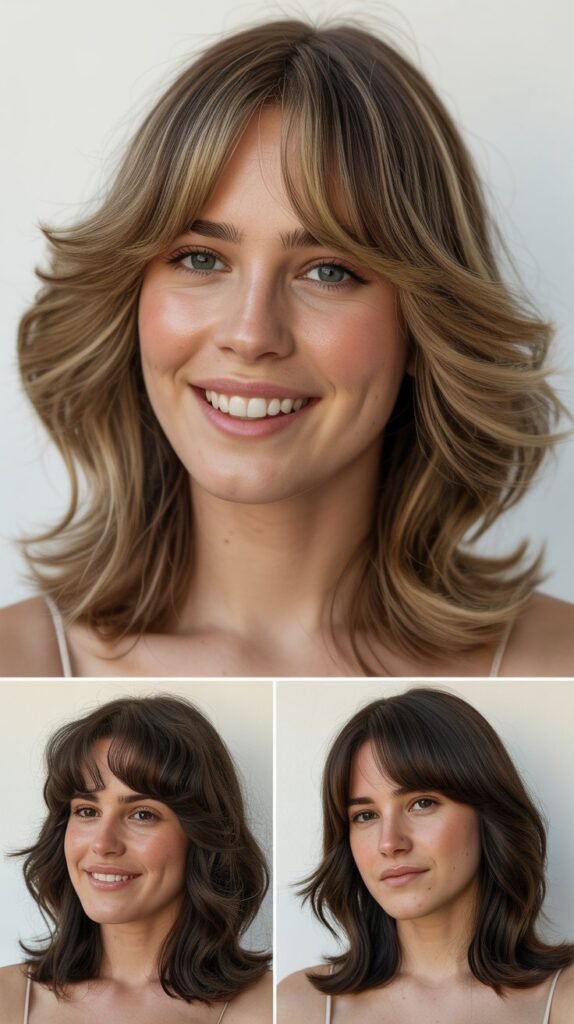 Soft Curtain Bangs with Shoulder-Length Layers