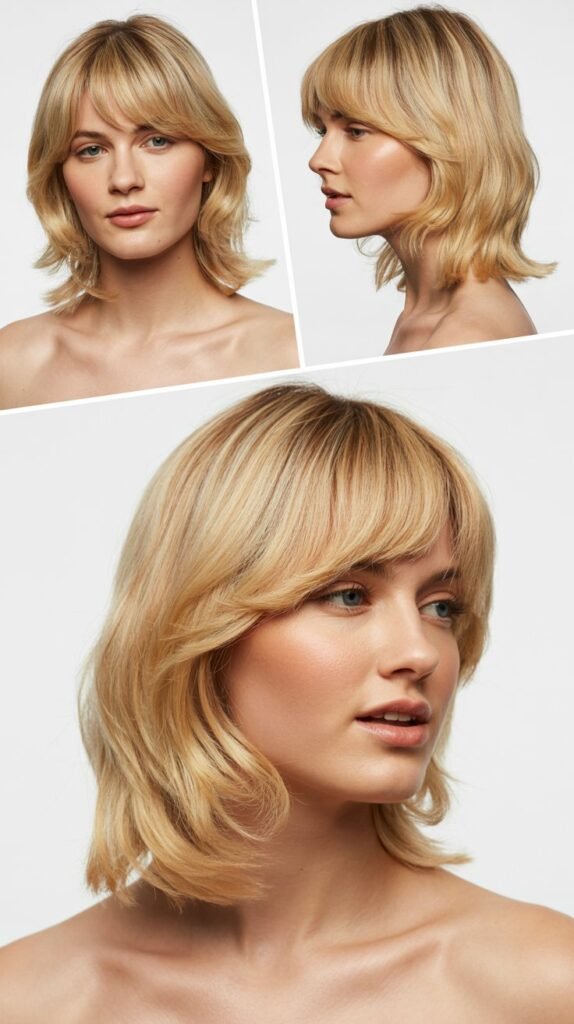 Nude Blonde Shoulder Cut with Feathered Curtain Bangs