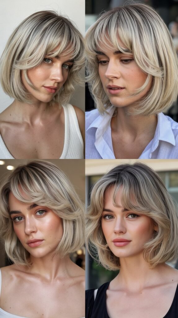 Silvery Blonde Lob with Dramatic Curtain Bangs