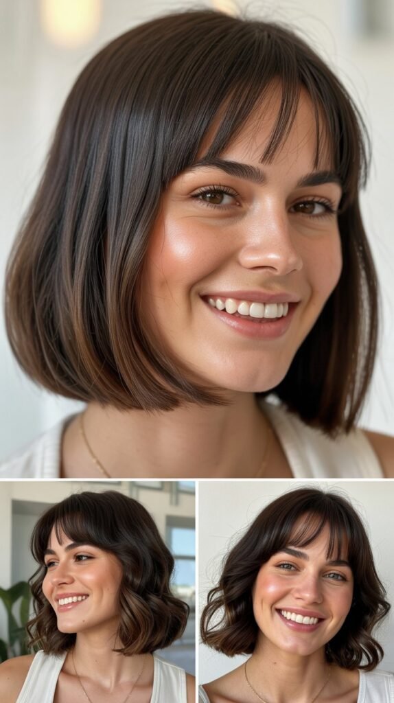 Long Bob with Curtain Bangs for Square Faces