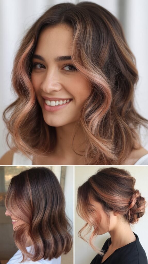  Rose Gold Tinted Money Piece for Warm Brunettes