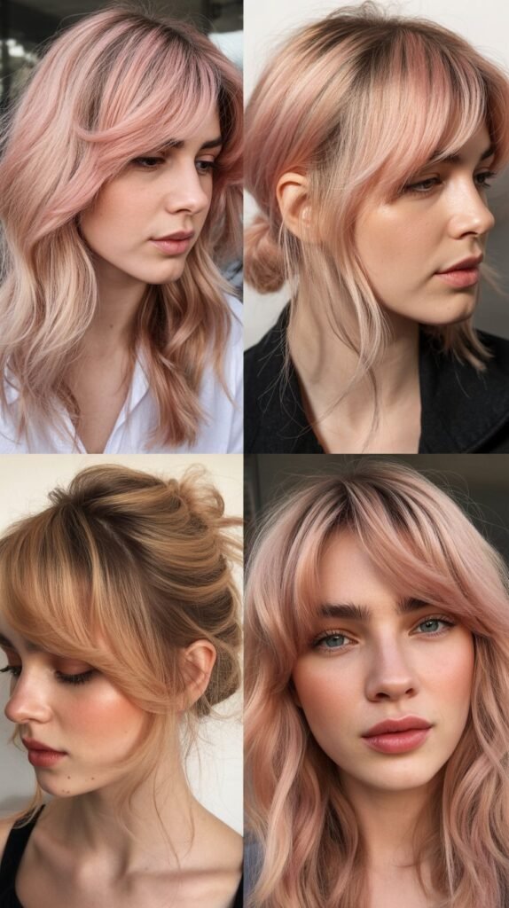 Rose Gold Blonde with Textured Side Bangs