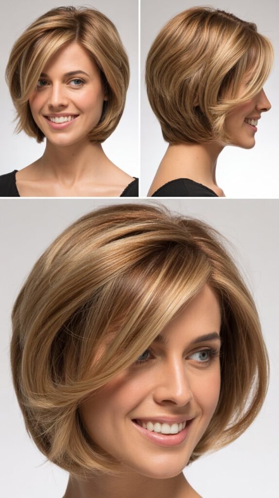 Stacked Bob with Long Side-Swept Bangs for Volume