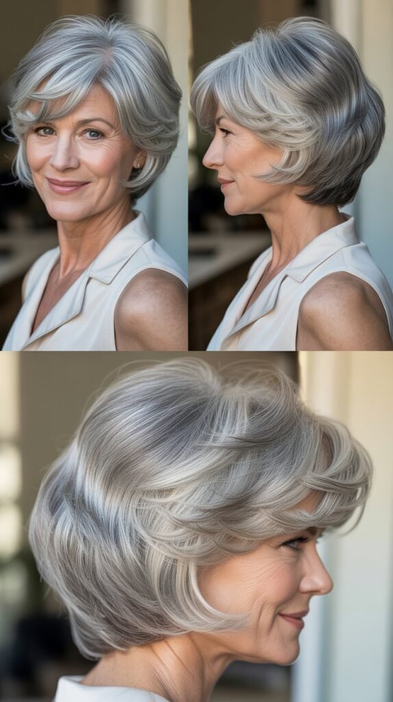1. Textured Layered Bob with Side-Swept Bangs