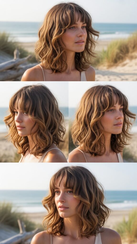 Medium Hair with Curtain Bangs and Beach Waves