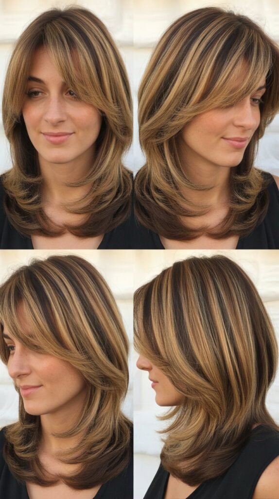  Layered Medium Hair with Curtain Bangs and Highlights
