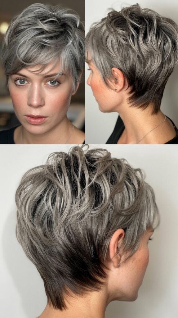 29. Natural Gray Shaggy Pixie with Dark Lowlights