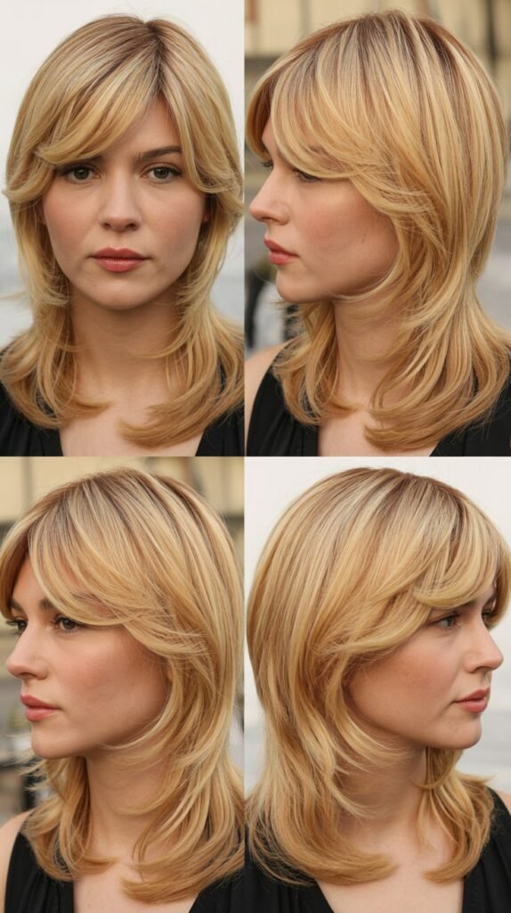 Golden Blonde Layers with Side-Swept Curtain Bangs