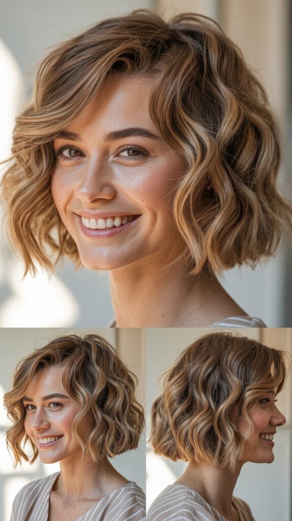  Wavy Bob with Side-Swept Textured Bangs
