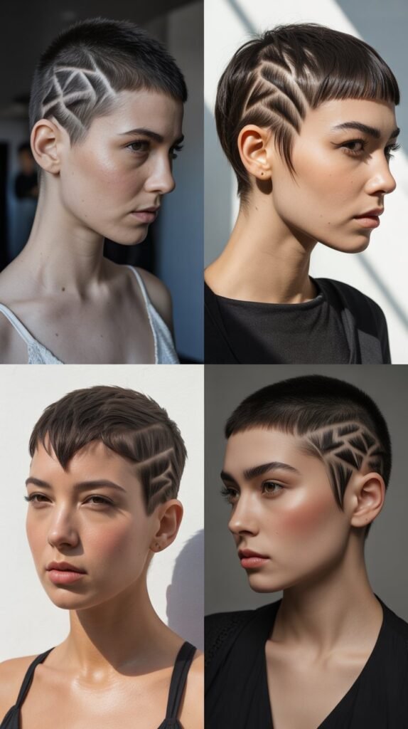 27. Pixie With Shaved Design And Artistic Bangs