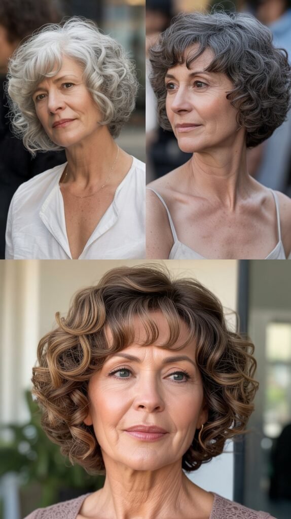 . Curly Bob with Curtain Bangs