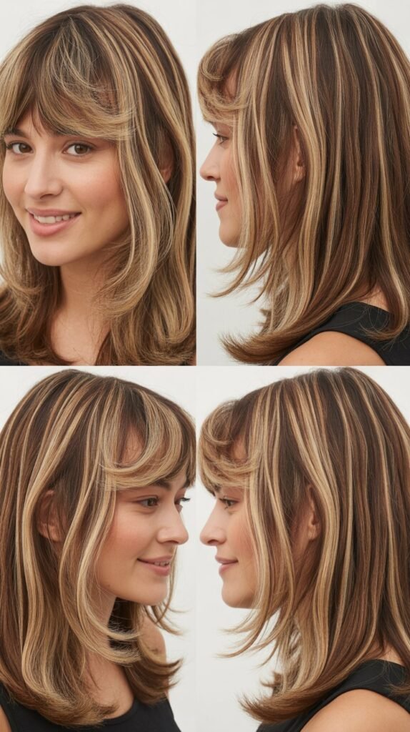 Medium Hair with Curtain Bangs and Ribbon Highlights