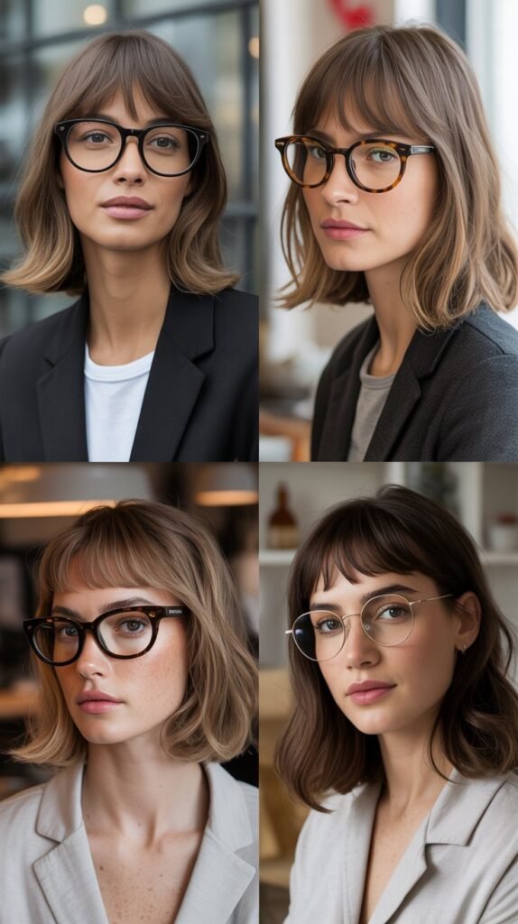 Curved Bangs with Medium Layered Straight Hair