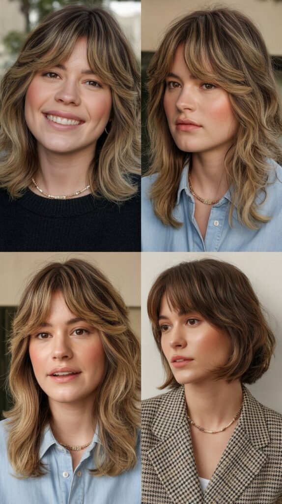  Asymmetric Curtain Bangs with Medium Layers