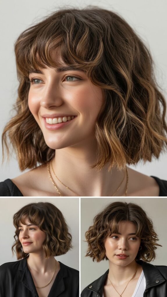Brow-Skimming Bangs with Medium Wavy Lob