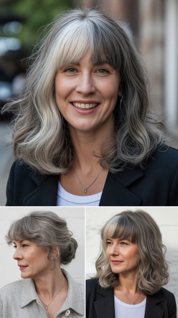 Curtain Bangs with Silver and Gray Hair