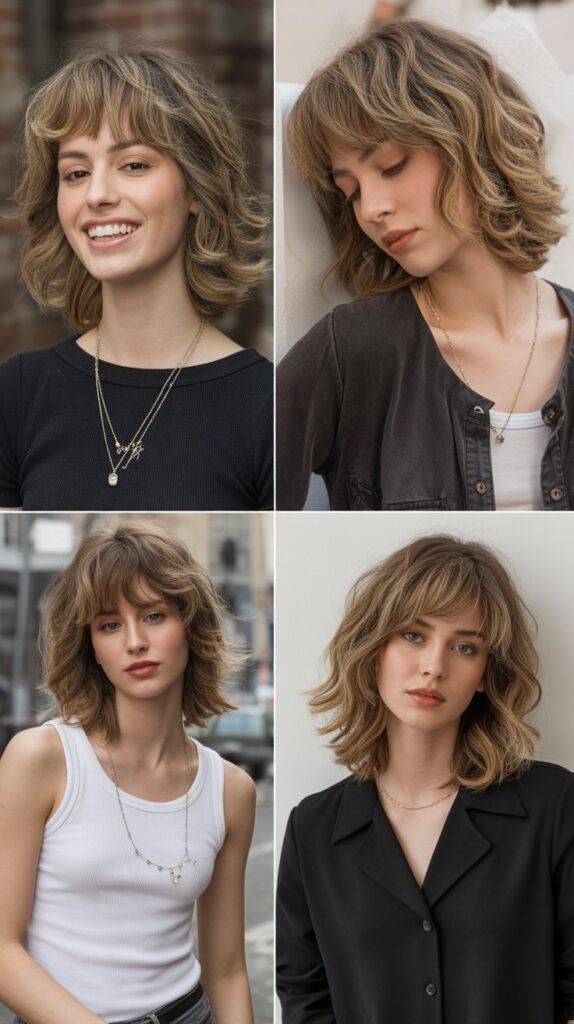  Feathered Curtain Bangs with Flipped Medium Hair