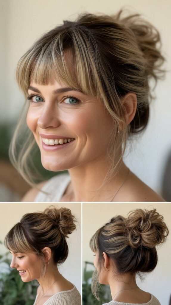  Full Bangs with Low Messy Bun