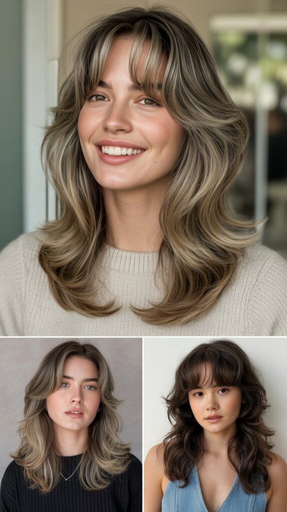 Modernized Feather Layers With Center Curtain Bangs