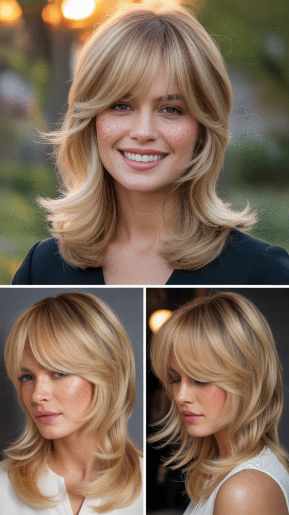 . Soft Layers with Blended Curtain Bangs and Balayage