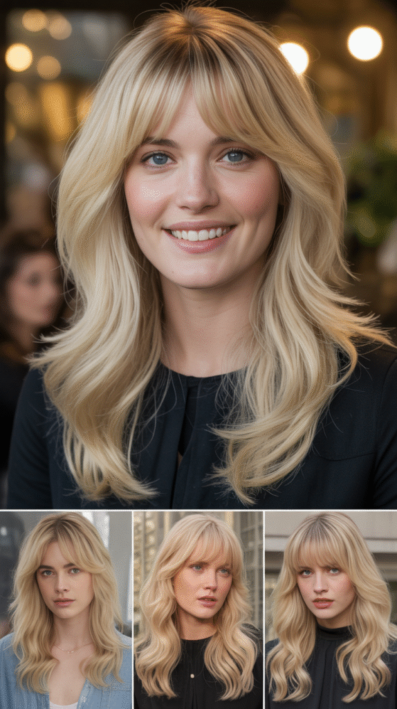 . Rounded Layers with Curtain Bangs and Honey Blonde