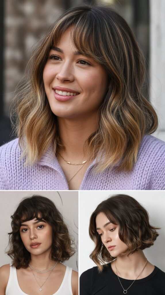 Soft Curtain Bangs with Medium Soft Waves