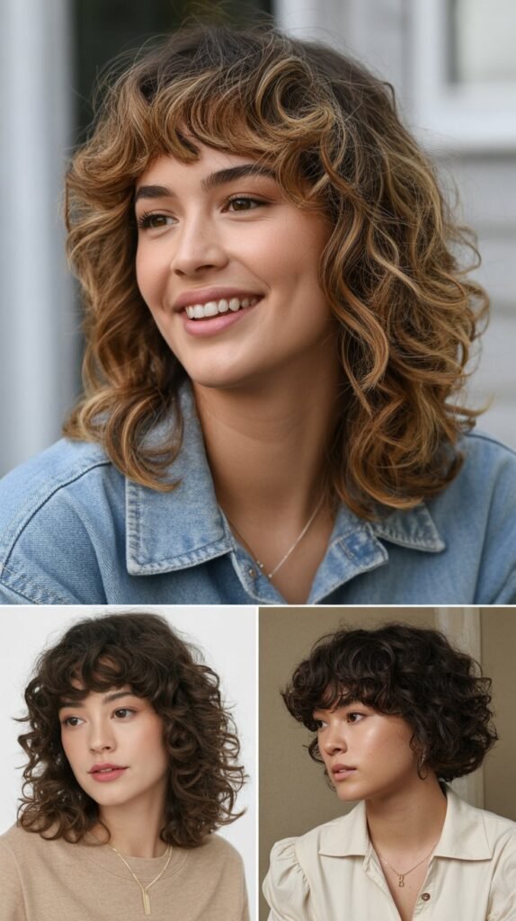 Textured Curtain Bangs with Medium Curly Hair