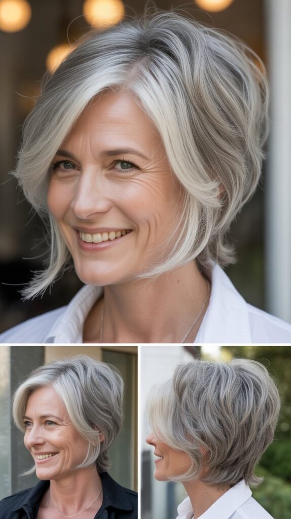 Textured Layered Bob with Silver Hair