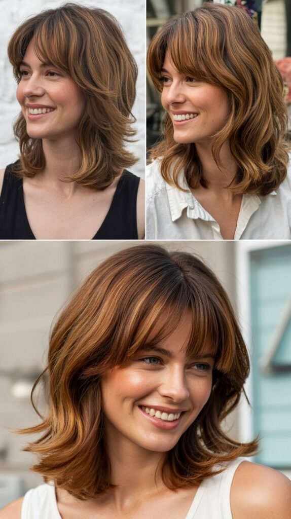  Layered Medium Cut with Curtain Bangs and Lowlights