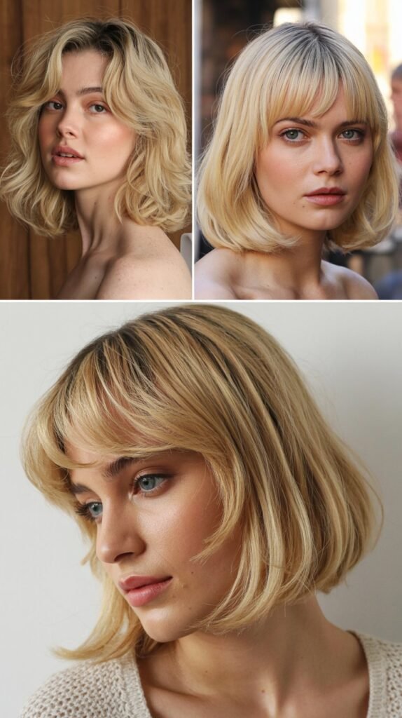 Champagne Blonde Lob with Graduated Curtain Fringe